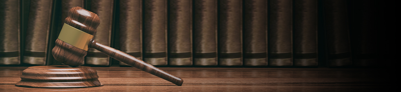 Photograph of a gavel with a bookshelf in the background.